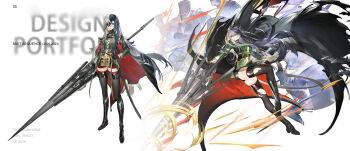  1girl 3others black_boots black_hair black_shorts black_thighhighs boots cape character_request copyright_name green_jacket hair_over_one_eye highres holding holding_polearm holding_weapon jacket mist_sequence multiple_others polearm sheath sheathed shorts solo_focus sword thighhighs torn_clothes torn_jacket torn_thighhighs weapon white_hair yi_yuansu_san_gong 