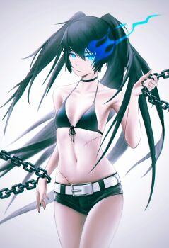  absurdres belt bikini bikini_top_only black_hair black_nails black_rock_shooter black_rock_shooter_(character) black_shorts blue_eyes blue_fire chain commentary_request fire flaming_eye front-tie_bikini_top front-tie_top highres long_hair ly_(pixiv13839236) no_shirt scar short_shorts shorts swimsuit twintails uneven_twintails 