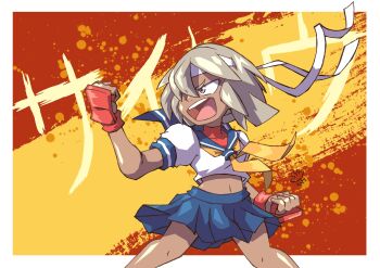  1girl banchoramen bea_(pokemon) blue_sailor_collar blue_skirt border character_name clenched_hands commentary cosplay dark-skinned_female dark_skin english_commentary gloves grey_eyes grey_hair highres kasugano_sakura kasugano_sakura_(cosplay) navel nintendo open_mouth outside_border pokemon pokemon_swsh red_gloves sailor_collar sailor_shirt shirt skirt solo street_fighter white_border 