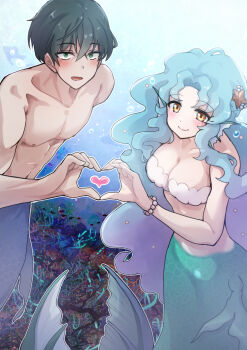  1boy 1girl air_bubble bare_shoulders bikini black_hair blue_hair blue_tail blush bracelet breasts brown_eyes bubble cleavage collarbone commentary_request completely_nude coral coral_reef fins gradient_hair green_eyes green_tail hair_between_eyes hair_ornament head_fins heart heart_hands heart_hands_duo highres jewelry komena_(shinyday312) large_breasts looking_at_viewer mermaid merman monster_boy monster_girl multicolored_hair nude original pearl_bracelet pearl_hair_ornament pectorals purple_hair shell shell_bikini smile starfish_hair_ornament swimsuit underwater 