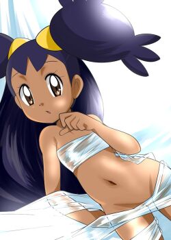  1girl brown_eyes dark-skinned_female dark_skin female_focus hainchu iris_(pokemon) long_hair looking_at_viewer lying midriff naked_ribbon navel nintendo no_pussy pokemon pokemon_bw purple_hair ribbon solo transparent_ribbon  rating:Questionable score:68 user:makutakraahkan