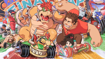  1girl 6+boys barbell black_hair bowser bowser_jr. capcom cape crown disney donut eclair father_and_son food grin hat king_candy m._bison machine mario_(series) mario_kart masa_(bowser) multiple_boys muscular nintendo old old_man ponytail sega shell short_hair smile sonic_(series) sonic_the_hedgehog street_fighter super_mario_bros._1 vanellope_von_schweetz vega wreck-it_ralph wreck-it_ralph_(character) zangief 