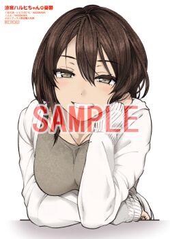  1girl aged_up blush breasts brown_eyes brown_hair grey_shirt grin jacket jewelry large_breasts leaning_forward long_sleeves looking_at_viewer medium_hair necklace official_art open_clothes open_jacket puyo_(puyotopia) sample_watermark shirt smile solo suzumiya_haruhi suzumiya_haruhi-chan_no_yuuutsu suzumiya_haruhi_no_yuuutsu watermark white_background white_jacket 