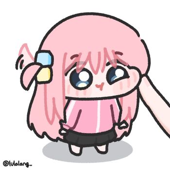  1girl black_skirt blue_eyes bocchi_the_rock! cheek_poking chibi chibi_only closed_mouth commentary english_commentary full_body gotoh_hitori hair_wagging highres jacket long_hair looking_at_viewer lulalang one_side_up out_of_frame pink_hair pink_jacket poking simple_background skirt solo_focus standing twitter_username white_background 