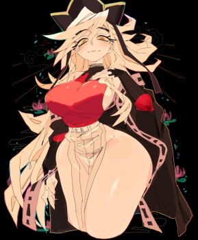  1girl black_background black_hat blonde_hair breasts closed_mouth commentary_request cropped_legs curvy douma_(kimetsu_no_yaiba) genderswap genderswap_(mtf) hand_on_own_chest hat highres kimetsu_no_yaiba large_breasts long_hair long_sleeves looking_at_viewer pelvic_curtain red_shirt shirt sleeveless sleeveless_shirt smile solo swept_bangs text_in_eyes thick_thighs thighs usa37107692 wide_hips yellow_eyes 