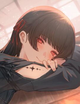  1girl arm_cutout black_hair blush chisa_(wuthering_waves) closed_mouth clothing_cutout commentary_request hair_ribbon highres long_hair long_sleeves looking_at_viewer looking_to_the_side oiro_ik red_eyes red_ribbon ribbon smile solo tacet_mark_(wuthering_waves) turning_head wuthering_waves 
