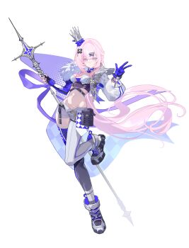  1girl absurdres alternate_costume asymmetrical_legwear black_thighhighs blue_gloves boots breasts chinese_commentary commentary_request crop_top crown elysia_(honkai_impact) full_body fur-trimmed_jacket fur_trim gloves grey_thighhighs highres holding holding_polearm holding_weapon honkai_(series) honkai_impact_3rd jacket long_hair looking_at_viewer medium_breasts midriff mismatched_legwear navel nizi_w pink_hair polearm short_shorts shorts simple_background smile solo standing standing_on_one_leg thighhighs very_long_hair weapon white_background white_boots white_jacket white_shorts 