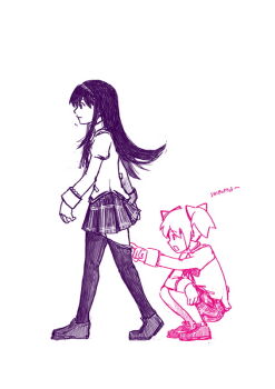  10s 2girls akemi_homura black_hair black_pantyhose bow clothes_pull female_pervert hair_ribbon hairband kaname_madoka long_hair looking_at_another mahou_shoujo_madoka_magica mahou_shoujo_madoka_magica_(anime) multiple_girls multiple_monochrome open_mouth pantyhose pantyhose_pull pervert pink_hair ribbon romaji_text school_uniform short_hair short_twintails silverxp simple_background skirt squatting twintails walking white_background yuri  rating:Sensitive score:4 user:danbooru