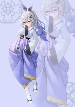  1girl absurdres alternate_costume black_shoes blush closed_mouth commentary_request crossed_bangs full_body gradient_hair grey_hair hair_between_eyes hair_ornament hairclip hanbok highres honkai:_star_rail honkai_(series) kebi_(soo_owl) korean_clothes long_hair long_sleeves looking_at_viewer multicolored_hair purple_background purple_eyes purple_hair shoes silver_wolf_(honkai:_star_rail) simple_background smile socks tassel white_socks zoom_layer 