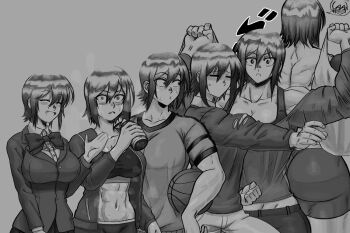 1girl 2022 age_progression ass back ball basketball_(object) blush bow bowtie breasts cleavage closed_eyes collarbone commentary embarrassed english_commentary eyebrows_hidden_by_hair female_focus grey_background greyscale gutsbro14 gym_uniform happy hitomi-chan_wa_hitomishiri holding holding_ball huge_ass large_breasts long_sleeves looking_to_the_side midriff monochrome multiple_expressions muscular muscular_female navel school_swimsuit shirt short_hair simple_background skirt surprised sweat swimsuit takano_hitomi tall_female thick_thighs thighs toned toned_female torn_clothes