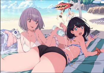  4girls ass barefoot beach beach_mat beach_umbrella bikini black_hair blue_eyes bottle breasts cellphone commentary detexted english_commentary from_behind gridman_universe hassu holding holding_phone large_breasts lotion lying mismatched_bikini multiple_girls namiko ocean official_art on_stomach outdoors phone purple_hair red_eyes sakamoto_masaru scrunchie shinjou_akane smartphone spilling ssss.gridman swimsuit takarada_rikka third-party_edit third-party_source tongue tongue_out umbrella water water_bottle wrist_scrunchie 