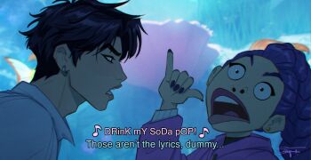  1boy 1girl aquarium black_hair braid braided_ponytail commentary commentary_request earrings english_commentary english_text grimace highres jewelry jinu_(kpop_demon_hunters) kpop_demon_hunters looking_at_another open_mouth profile purple_hair purple_nails rumi_(kpop_demon_hunters) short_hair signature tenyais thick_eyebrows 