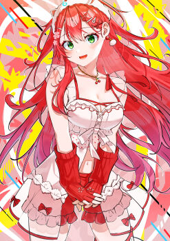  1girl absurdres ahoge animal_ear_hairband animal_ears asymmetrical_legwear babydoll bow breasts cardigan cat_ear_hairband cat_ears cleavage collarbone commentary_request cruzango0510 double-parted_bangs fake_animal_ears fingerless_gloves frilled_babydoll frilled_shorts frills front_slit gloves green_eyes hair_between_eyes hair_bow hairband highres hololive jewelry long_hair looking_at_viewer messy_hair multiple_views navel necklace official_alternate_costume official_alternate_hairstyle red_cardigan red_gloves red_shorts sakura_miko sakura_miko_(loungewear) short_shorts shorts single_sidelock smile virtual_youtuber white_babydoll 