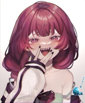  1girl :d aoirnn bags_under_eyes bare_shoulders black_jacket black_nails bocchi_the_rock! braid breasts double_strap_slip dress gradient_background green_dress hair_over_shoulder hashtag-only_commentary highres hiroi_kikuri jacket letterman_jacket long_hair long_sleeves looking_at_viewer nail_polish open_mouth red_eyes red_hair sharp_teeth simple_background single_braid small_breasts smile smug solo spaghetti_strap strap_slip teeth upper_body white_jacket 