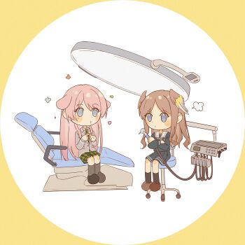 2girls absurdres animal_ears artist_request bang_dream! bang_dream!_it's_mygo!!!!! black_shoes black_socks blue_eyes blue_shirt blue_skirt brown_hair brown_shoes chair chihaya_anon chinese_commentary commentary_request commission crossed_arms dentist diagonal-striped_clothes diagonal-striped_necktie dog_ears dog_girl green_skirt grey_jacket grey_socks haneoka_school_uniform head_wings highres jacket kemonomimi_mode long_hair multiple_girls nagasaki_soyo necktie pink_hair plaid_clothes plaid_skirt pleated_skirt pout school_uniform second-party_source shirt shoes sidelocks sitting skirt socks striped_clothes tsukinomori_school_uniform wings 