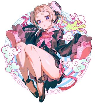  1girl 2026 :o black_dress black_shoes blonde_hair chinese_clothes commentary dated double_bun dragon dress frilled_dress frills full_body gradient_hair hair_bun hair_ornament indie_virtual_youtuber koinumaru_taneko long_sleeves looking_at_viewer multicolored_hair open_mouth pink_hair shoes short_eyebrows short_hair sleeves_past_fingers sleeves_past_wrists solo tassel tassel_hair_ornament tunapon01 twitter_username untranslatable_commentary virtual_youtuber white_background 