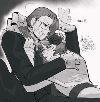 3boys alternate_costume annoyed beard_stubble blush bug butterfly butterfly_on_hand capelet capote_(e.g.o) chibi chibi_inset cigarette coat collared_shirt crown_of_thorns dress e.g.o_(project_moon) embarrassed facial_hair flower flower_wreath formal_clothes garden_of_thorns_(e.g.o) gauntlet gauntlets glasses gloves gregor_(project_moon) greyscale grin hair_between_eyes hair_flower hair_intakes hair_ornament hair_over_one_eye hair_slicked_back hair_vines hairband half-closed_eye half-closed_eyes hand_on_another's_back hand_on_another's_chest hand_on_another's_neck hand_on_another's_shoulder head_wreath height_difference hug insect limbus_company long_hair long_sleeves looking_at_another looking_down low_ponytail male_bride male_focus meursault_(project_moon) monochrome mouth_hold multiple_boys necktie official_alternate_costume okazu1324343 pants parted_bangs photoshop_(medium) plant ponytail project_moon rose sash selfcest semi-rimless_eyewear shirt shoulder_sash sideways_glance signature simple_background single_gauntlet single_glove sitting smile smoke smoking solemn_lament_(e.g.o) stubble suit sweatdrop thorns turtleneck turtleneck_dress under-rim_eyewear vest vines waist_sash yaoi