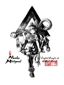  1girl absurdres ankh belt blunt_bangs boots calligraphy_brush_(medium) character_name collared_shirt earrings english_text facial_mark greyscale hair_ornament highres holding jewelry key_earrings link163353 long_hair looking_down michigami_nareko monochrome ornate pocket shirt short_sleeves shorts smile solo sphere_hair_ornament staff thighhighs touhou triangle triangle_background triangle_facial_mark 