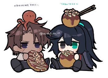  2boys aqua_eyes black_coat black_eyes black_hair black_pants black_shoes brown_hair coat food half_updo heathcliff_(project_moon) highres hong_lu_(project_moon) limbus_company long_hair long_sleeves multiple_boys nantekottawo!! octopus okonomiyaki open_mouth pants parted_bangs project_moon purple_eyes red_trim scar scar_on_face shirt shoes simple_background sitting takoyaki very_long_hair white_background white_shirt 