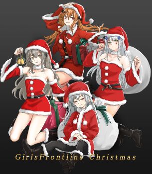  404_(girls'_frontline) boots box capelet christmas dress fuku_(fuku12290574) fur-trimmed_dress fur-trimmed_headwear fur_trim g11_(girls'_frontline) gift gift_box girls'_frontline hat highres hk416_(girls'_frontline) holding holding_sack red_capelet sack santa_boots santa_costume santa_dress santa_hat ump45_(girls'_frontline) ump9_(girls'_frontline) 
