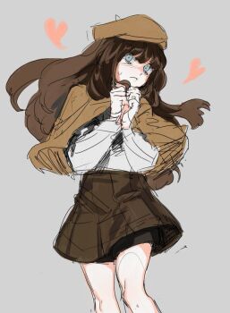  1girl artist_request bare_legs beret blue_eyes blush brown_capelet brown_hair brown_hat brown_skirt capelet clenched_hands closed_mouth cowboy_shot danganronpa_(series) danganronpa_another frown grey_background hat heart high-waist_skirt knees long_hair long_sleeves miniskirt nijiue_iroha pleated_skirt puffy_long_sleeves puffy_sleeves sad shirt simple_background sketch skirt solo source_request standing super_danganronpa_another_2 sweatdrop third-party_source wavy_hair white_shirt 