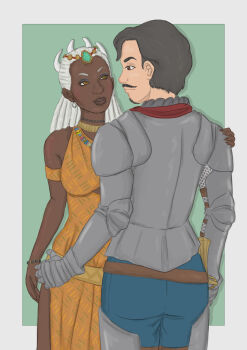  1boy 1girl armor black_hair bracelet breasts brown_eyes commission commissioner_upload couple dark-skinned_female dark_skin dreadlocks dress earrings facial_hair gauntlets hetero highres interracial jewelry ladislaus_dominus long_hair mustache necklace official_art orange_dress queen_imani short_hair smile soapwyrt ways_of_darkness_(series) white_hair yellow_eyes 