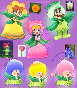 3girls 4boys alternate_costume arrow_(symbol) blonde_hair blue_eyes blue_flower brown_hair commentary earrings english_commentary facial_hair flower flower_costume flower_luigi flower_mario green_overalls highres jewelry luigi mario mario_(series) multiple_boys multiple_girls mustache natsukothemun nintendo official_alternate_costume orange_flower overalls photo_inset pink_flower pink_rose princess_daisy princess_peach rose screenshot_inset sphere_earrings super_mario_bros._wonder toad_(mario) toadette 