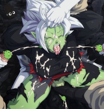  5boys arm_behind_back arms_behind_back bdsm beige_pants black_boots black_pants bodysuit boots bukkake cat cbt censored colored_skin commentary cum cum_all_over cum_in_mouth cum_on_body cum_on_clothes cum_on_hair cum_on_legs cum_on_male cum_on_pectorals cum_on_tongue dragon_ball dragon_ball_super earrings facial footjob from_above fused_zamasu gloves grabbing_another's_hair green_skin grey_eyes half-closed_eyes hand_on_another's_head head_grab holding_another's_hair jewelry kaioushin legs_apart long_sleeves looking_up male_focus male_masturbation masturbation medium_hair multiple_boys oguri_shun on_ground open_mouth pants pectorals penis pointy_ears potara_earrings puffy_long_sleeves puffy_sleeves rape red_sash sash sitting solo_focus spiked_hair spread_legs stepped_on stepping stepping_on_penis sweat sweatdrop teeth testicles tongue tongue_out torn_bodysuit torn_clothes torn_coat torn_pants upper_teeth_only white_boots white_gloves white_hair yaoi zamasu 