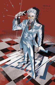  1boy ajsaart black_shirt coat collared_shirt contrapposto copyright_logo drop_shadow full_body glasses hair_slicked_back halftone hashtag-only_commentary hexagon highres logo looking_at_viewer male_focus mullet necktie open_clothes open_coat red_necktie shirt smirk snapping_fingers solo standing tile_floor tiles tinted_eyewear to_be_hero to_be_hero_x vest white_coat white_hair white_vest x_(symbol) x_(to_be_hero_x) yellow-tinted_eyewear 