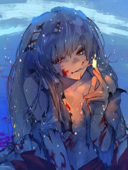  1girl blood blood_in_hair blood_on_arm blood_on_clothes blood_on_face bow burnt burnt_clothes cigarette commentary_request embers eneshi fire fujiwara_no_mokou hair_bow highres holding holding_cigarette injury lighting_cigarette long_hair ofuda ofuda_on_clothes pants red_eyes red_pants ribbon shirt smirk snow snowing solo torn_clothes torn_sleeves touhou very_long_hair white_bow white_hair white_shirt 