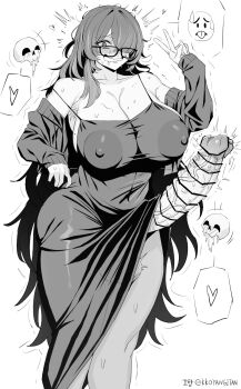  1girl armpit_hair bar_censor breasts censored cleavage commentary_request covered_erect_nipples dress erection futanari glasses goddess_of_victory:_nikke greyscale hair_over_one_eye heart highres huge_breasts huge_penis kkuyangitang1 korean_commentary label_(nikke) long_hair looking_at_viewer mole mole_on_breast monochrome penis precum shaded_face solo spoken_heart standing v very_long_hair white_background 