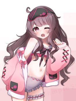  1girl amam_fuka_(vtuber) bare_shoulders black_bow bow bra brown_hair byakko_yomosuke commentary_request commission cowlick frilled_bra frilled_panties frilled_thigh_strap frills indie_virtual_youtuber jacket long_hair long_sleeves looking_at_viewer mask mask_on_head navel off_shoulder one_eye_closed open_mouth panties pink_eyes pink_frills pink_jacket puffy_long_sleeves puffy_sleeves second-party_source sleep_mask sleepwear solo thigh_strap underwear virtual_youtuber 