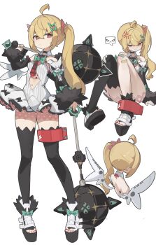  1girl absurdres ahoge anger_vein anklet back bandaid bandaid_on_leg bare_shoulders black_sleeves black_thighhighs blonde_hair bow bowtie breasts clothing_cutout cosplay crossed_bangs detached_sleeves dress dual_wielding footwear_bow fur-trimmed_sleeves fur-trimmed_thighhighs fur_trim green_bow green_bowtie hair_between_eyes half-closed_eyes highres holding holding_mace holding_weapon jewelry knees_up long_hair looking_at_viewer loose_thighhigh luciana_de_montefio mace multiple_views nail_polish navel navel_cutout necktie open-toe_shoes over_shoulder plaid_clothes plaid_necktie red_eyes red_nails red_necktie rokudu_sariel rokudu_sariel_(cosplay) side_ponytail simple_background small_breasts spoken_expression sun_(65693337) thighhighs toenail_polish toenails weapon weapon_over_shoulder white_background white_dress white_wings wings zenless_zone_zero 