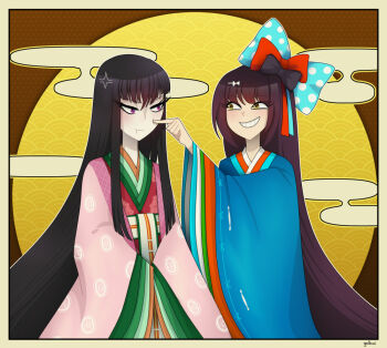 2girls anger_vein annoyed artist_name black_bow black_hair blue_bow blue_kimono border bow brown_hair cheek_poke closed_mouth fate/grand_order fate_(series) gallaxi grin hair_bow hime_cut japanese_clothes junihitoe kimono long_hair looking_at_another multiple_girls murasaki_shikibu_(fate) poking polka_dot polka_dot_bow pout puffy_cheeks purple_eyes purple_hair red_bow sei_shounagon_(fate) sidelocks signature smile teeth very_long_hair wide_sleeves yellow_border yellow_eyes