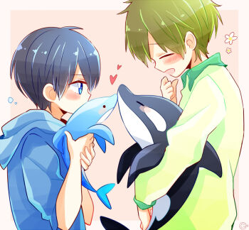  2boys blue_eyes blue_hair blush child dolphin closed_eyes free! heart hood hoodie mikadzuki_koro_na multiple_boys nanase_haruka_(free!) orca pink_background stuffed_toy stuffed_animal stuffed_toy tachibana_makoto toy  rating:Sensitive score:22 user:jedi1357