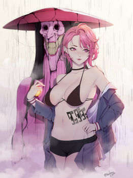  1girl absurdres acrobatic_silky_(dandadan) ball bikini black_bikini dandadan ghost highres liya_nikorov navel pink_eyes pink_hair shiratori_aira_(dandadan) shorts swimsuit 