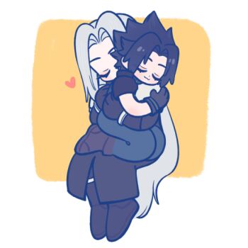  105zz 2boys :3 armor arms_behind_back black_boots black_coat black_gloves black_hair black_pants blue_pants boots border closed_eyes coat commentary_request crisis_core:_final_fantasy_vii final_fantasy final_fantasy_vii full_body gloves grey_hair hug long_coat long_hair male_focus multiple_boys pants parted_bangs pauldrons sephiroth short_hair shoulder_armor white_border yaoi yellow_background zack_fair 