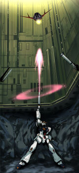  absurdres battle bazooka_(gundam) beam_rifle char's_counterattack check_commentary commentary_request disembodied_head energy_gun fin_funnels firing fujitaka_nasu full_body green_eyes gun gundam highres holding holding_gun holding_weapon last_shooting light_particles mecha mobile_suit mobile_suit_gundam no_humans nu_gundam robot science_fiction standing time_paradox v-fin weapon wire 