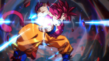  1boy blue_shoes commentary_request dragon_ball dragon_ball_daima kamehameha_(dragon_ball) monkey_boy monkey_tail open_mouth pants red_eyes red_fur red_hair rom_(20) shoes son_goku super_saiyan super_saiyan_4 tail yellow_pants 