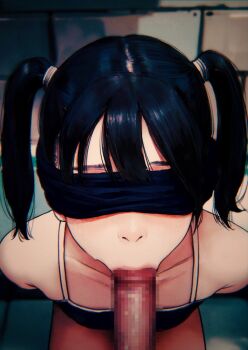 1boy 1girl absurdres arms_behind_back black_hair blindfold censored collarbone competition_school_swimsuit facing_viewer fellatio flat_chest hetero higashiyama_shou highres lips loli mosaic_censoring one-piece_swimsuit oral original penis pov school_swimsuit sweatdrop swimsuit twintails rating:Explicit score:638 user:danbooru