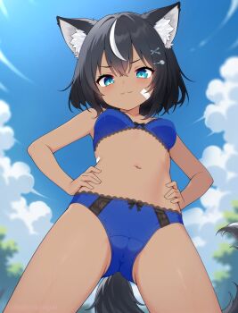  &gt;:) 1girl animal_ear_fluff animal_ears bandaid bandaid_on_cheek bandaid_on_face black_hair blue_bra blue_eyes blue_panties blue_sky bra breasts cameltoe cloud cloudy_sky dark-skinned_female dark_skin dog_ears dog_girl dog_tail eroneko_senpai fangsie_fido frilled_bra frilled_panties frills from_below hands_on_own_hips multicolored_hair navel paid_reward_available panties pov short_hair sky small_breasts smug stomach streaked_hair tail underwear v-shaped_eyebrows variance_project virtual_youtuber white_hair 