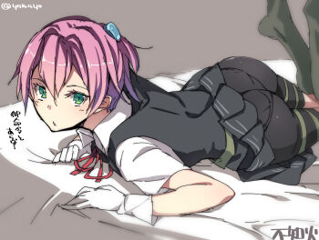  10s 1girl aqua_eyes ass bike_shorts character_name female_focus gloves green_eyes hair_ornament kantai_collection looking_at_viewer lying neck_ribbon on_stomach panties_under_bike_shorts personification pink_hair red_ribbon ribbon school_uniform shiranui_(kancolle) short_hair skirt socks solo super_zombie translation_request twitter_username white_gloves  rating:Sensitive score:23 user:danbooru