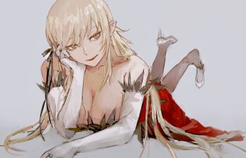 1girl artist_logo bare_shoulders black_pantyhose blonde_hair breast_press breasts cleavage collarbone dress elbow_gloves feather-trimmed_dress feather-trimmed_gloves feather_trim gloves hair_ribbon hand_on_own_face high_heels highres kiss-shot_acerola-orion_heart-under-blade kizumonogatari large_breasts lipstick logo long_hair lying makeup monogatari_(series) oshino_shinobu pantyhose pointy_ears red_dress red_lips ribbon simple_background smile solo strapless strapless_dress taki_(a313131333) vampire very_long_hair white_gloves yellow_eyes rating:Sensitive score:15 user:danbooru