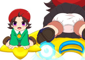  1girl adeleine ahoge all_fours ass beret beshameru_(masumaru_ovo) black_hair black_skirt blue_socks blush brown_shoes from_behind green_sweater hat kirby_(series) kirby_64 kirby_air_ride kirby_air_riders loli long_sleeves looking_at_viewer multiple_views nintendo open_mouth panties purple_eyes red_hat riding shoes short_hair skirt smile socks star_(symbol) sweater underwear upskirt warp_star white_background white_panties  rating:Sensitive score:2 user:cpee