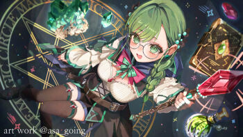  1girl :d asa_going asymmetrical_bangs belt belt_buckle black_corset black_shorts black_thighhighs book bow braid breasts brown_belt buckle character_request cleavage cleavage_cutout clothes_around_waist clothing_cutout commentary_request commission corset crystal foot_out_of_frame from_above glasses green_eyes green_hair green_ribbon highres holding holding_staff indie_virtual_youtuber long_hair long_sleeves looking_at_viewer mage_staff magic_circle medium_breasts open_mouth pink_bow ribbon shirt shorts smile solo staff swept_bangs thighhighs virtual_youtuber yellow_shirt 