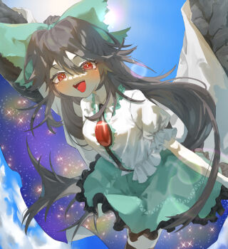  1girl bird_wings black_wings blue_sky blush bow cape commentary_request frilled_skirt frills green_bow green_skirt hair_bow highres looking_at_viewer oku_(ewfy25) open_mouth outdoors red_eyes reiuji_utsuho shirt short_sleeves skirt sky smile solo starry_sky_print teeth third_eye touhou upper_teeth_only white_cape white_shirt wings 