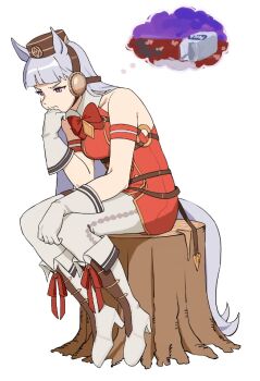  1girl animal_ears armband bare_shoulders blunt_bangs boots bow bowtie breasts brown_hat closed_mouth commentary dress drink_carton english_commentary fikkyun fine_art_parody gloves gold_ship_(red_strife)_(umamusume) gold_ship_(umamusume) grey_hair hand_on_own_chin hat head_rest horse_ears horse_girl horse_tail long_hair milk_carton on_tree_stump pantyhose parody pillbox_hat purple_eyes red_bow red_bowtie red_dress simple_background sitting sleeveless sleeveless_dress solo speech_bubble spill spilled_milk spongebob_squarepants_(series) striped_armband striped_clothes tail the_thinker thought_bubble tree_stump umamusume white_background white_boots white_gloves white_pantyhose 