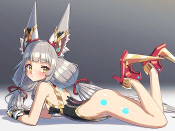  1girl alten animal_ears ass bare_legs blunt_bangs blush cat_ears cat_girl facial_mark from_side gloves glowing_markings grey_hair high_heels highleg highleg_leotard highres leotard long_hair low_twintails lying nia_(blade)_(xenoblade) nia_(xenoblade) on_stomach shoes solo spiked_shoes spikes the_pose twintails very_long_hair xenoblade_chronicles_(series) xenoblade_chronicles_2 yellow_eyes  rating:Sensitive score:10 user:danbooru
