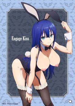  1girl artist_request bent_over blue_hair bow bowtie breasts breasts_out engage_kiss garter_straps hanging_breasts nipples nude_filter playboy_bunny rabbit_ears rabbit_tail solo thighhighs third-party_edit yuugiri_ayano  rating:Explicit score:9 user:shelly69