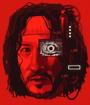  1boy beard coordinates drawsephx english_text facial_hair fire_extinguisher highres iron_lung_(movie) looking_at_viewer male_focus markiplier parted_lips portrait red_theme revealing_layer short_hair simon_(iron_lung) solo x-ray 